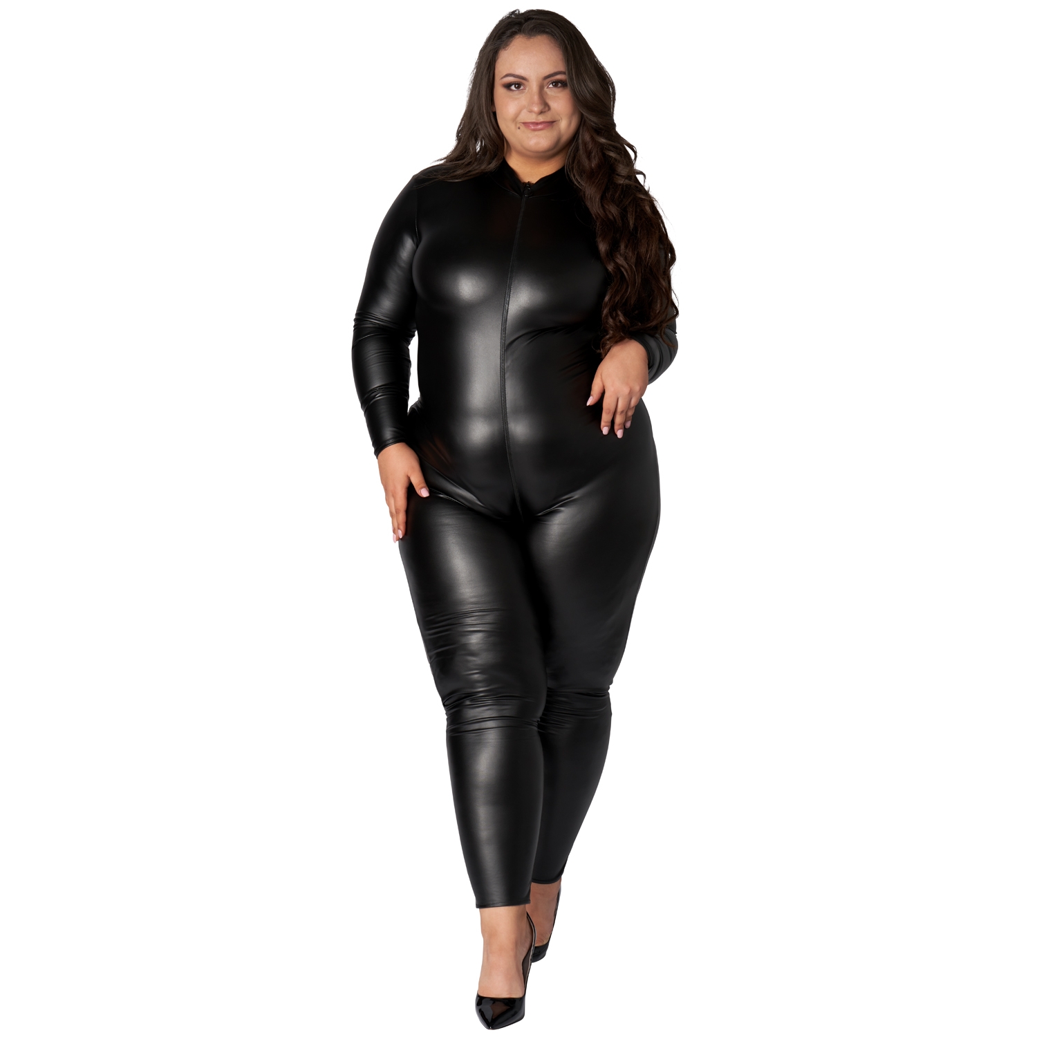 NORTIE Fetish Wetlook Bundløst Catsuit Plus Size - Sort - Plus size