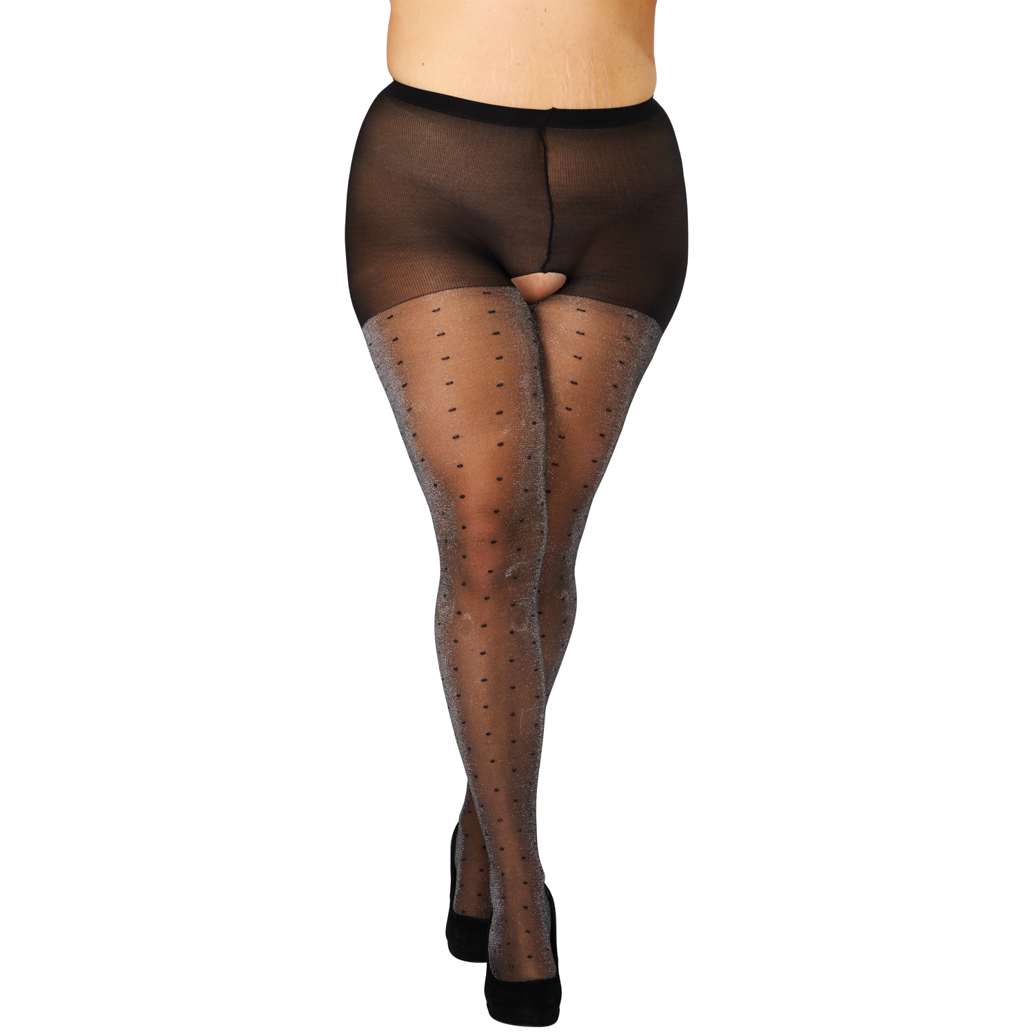NORTIE Silverdust Bundløse Lurex Strømpebukser med Prikker Plus Size - Sort - Plus size
