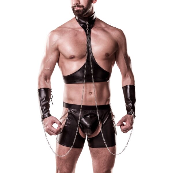 Grey Velvet Men Halterneck Wetlook Bondage Sæt - Sort - S/M
