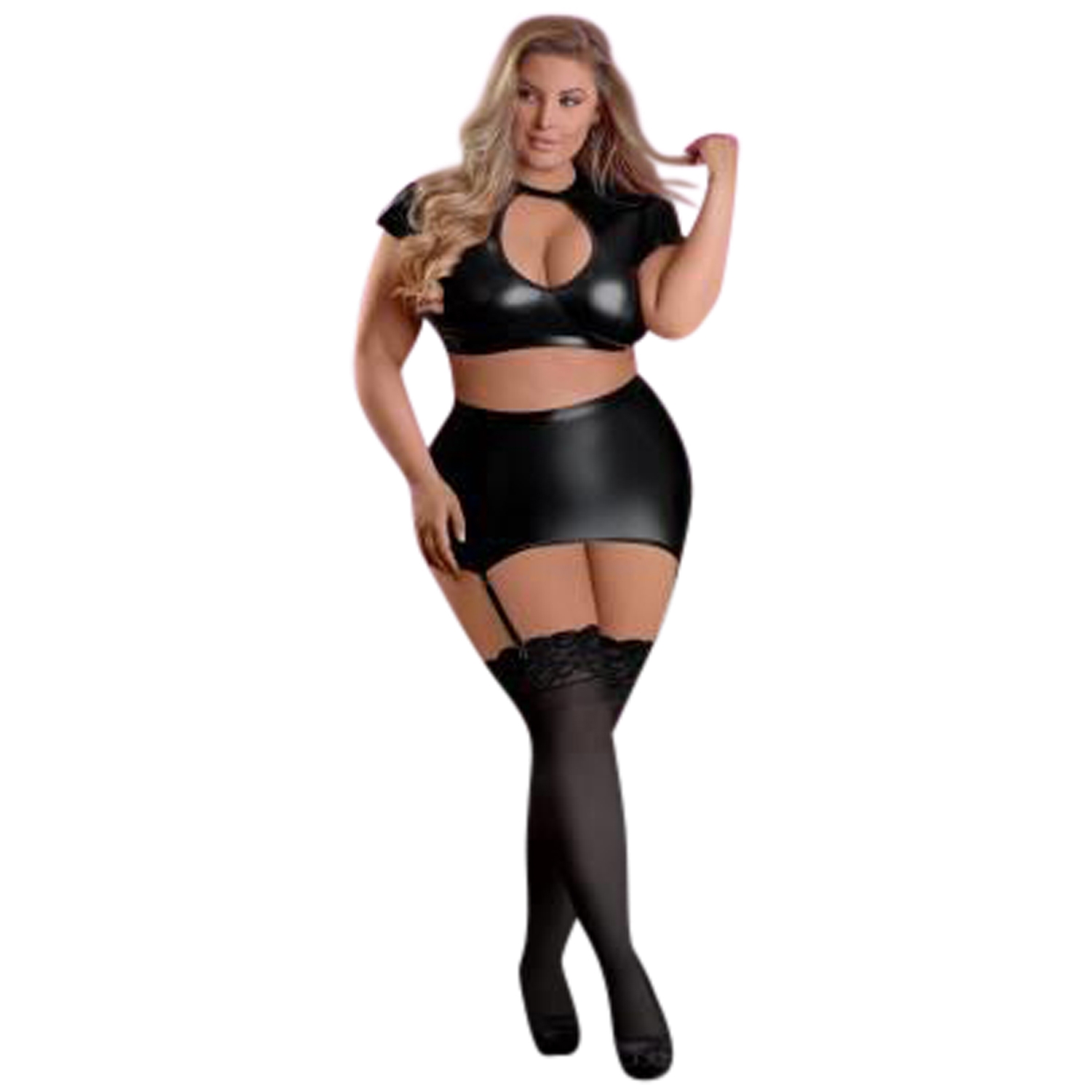 Magic Silk Exposed Wetlook Crop Top og Hofteholder Nederdel Plus Size - Sort - Plus size